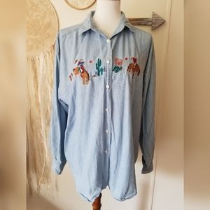 Vintage Eddie Bauer Western Cowboy Embroidered Denim Shirt Size Large